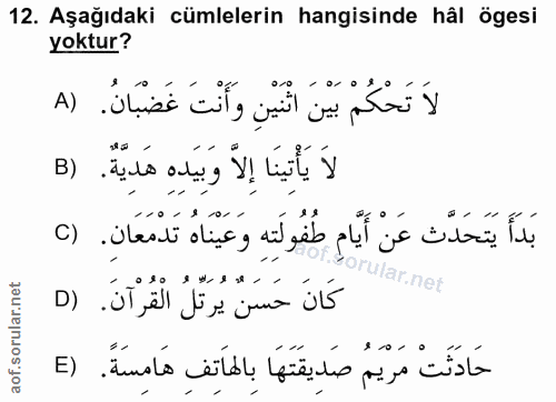12. soru: Aşağıdaki cümlelerin hangisinde hâl ögesi yoktur? A) لَاَ تَحْكُمْ بَيْنَ اثْنَيْنِ وَأَنْتَ غَضْبَانُ. B) بَدَأَ يَت…