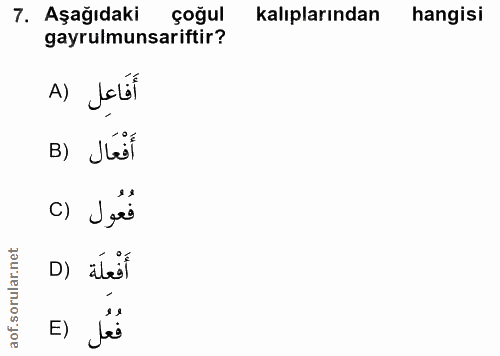 7. soru: Aşağıdaki çoğul kalıplarından hangisi gayrulmunsariftir? A) JeLl B) Jest 0) Jero D) ábesl jés