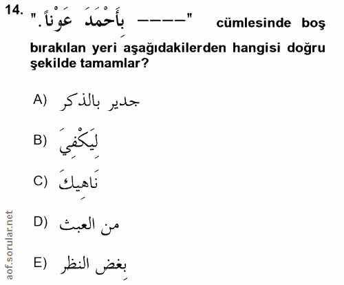 14. soru: ". üs tol --' cumlesinde boş bırakılan yeri aşağıdakilerden hangisi doğru şekilde tamamlar? جدير بالذكر (A لِيَكْفِيَ…