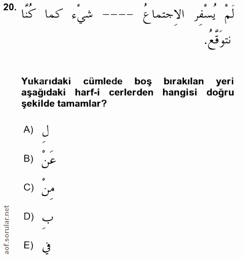20. soru: شيء كما كُنّا .20 لَمْ يُسْفِر الاجتماعُ رنت و نتوقع. Yukarıdaki cümlede boş bırakılan yeri aşağıdaki harf-i erlerden…