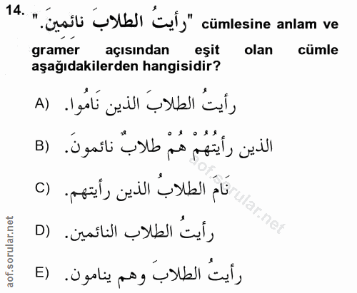 14. soru: "'sil sta "avl" cümlesine anlam ve gramer açısından eşit olan cümle aşağıdakilerden hangisidir? رأيتُ الطلاب الذين نَ…