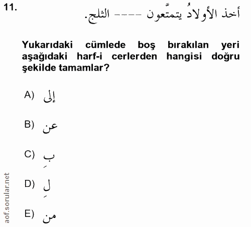 11. soru: الثلج. أخذ الأولادُ يتمتّعون Yukarıdaki cümlede boş bırakılan yeri aşağıdaki harf-icerlerden hangisi doğru şekilde ta…