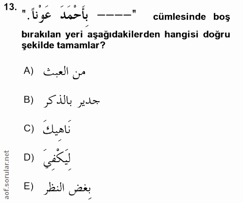 13. soru: " "-- بأَحْمَدَ عَوْناً .! cümlesinde boş bırakılan yeri aşağıdakilerden hangisi doğru şekilde tamamlar? من العبث (A…