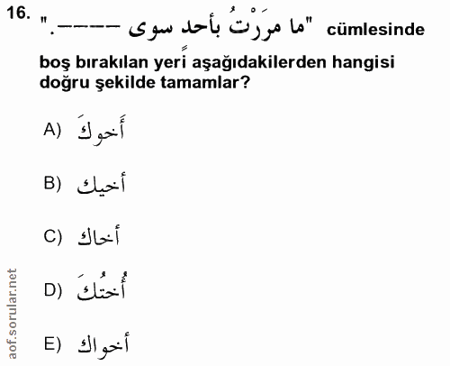 16. soru: , -— Sg dol "yus lo" cümlesinde boş bırakılan yeri aşağıdakilerden hangisi doğru şekilde tamamlar? A) أَخوكَ B) Elal…