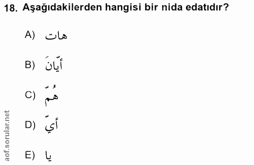 18. soru: Aşağıdakilerden hangisi bir nida edatıdır? A) üls в) üçf C) D) çi E) !