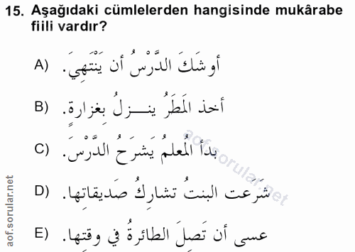 15. soru: Aşağıdaki cümlelerden hangisinde mukârabe fiili vardır? أوشكَ الدّرسُ أن يَنْتَهِيَ. (A أخذ الَمَطَرُ ينزلُ بِغزارة.…