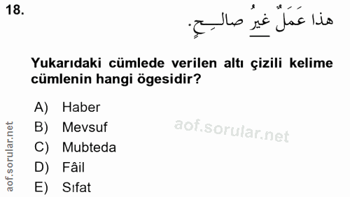 18. soru: هذا عَمَلٌ غيرُ صالٍ Yukarıdaki cümlede verilen altı çizili kelime cümlenin hangi ögesidir? A) Haber B) Mevsuf C) Mub…