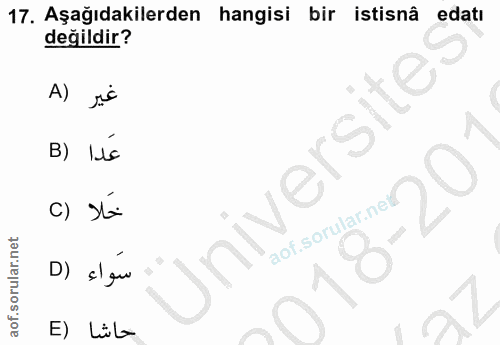 17. soru: Aşağıdakilerden hangisi bir istisnâ edatı değildir? A) jé B) lúc Universites c) X= D) el eu E) Lüla