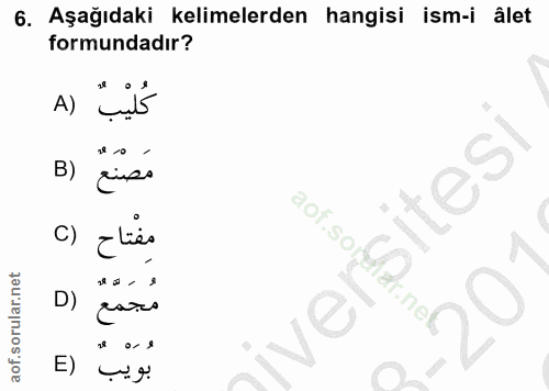6. soru: Aşağıdaki kelimelerden hangisi ism-i âlet formundadır? A) مَصْنَعٌ ( 8) sitesi 2or مِفْتاح So 28 c D) جمه nes » or9 ب…