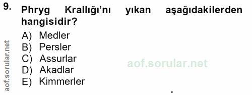 9. soru: Phryg Krallığı'nı yıkan aşağıdakilerden hangisidir? A) Medler B) Persler C) Assurlar D) Akadlar E) Kimmerler