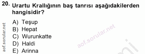 20. soru: Urartu Krallığının baş tanrısı aşağıdakilerden hangisidir? A) Teşup B) Hepat C) Wurunkatte D) Haldi E) Arinna