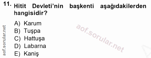 11. soru: Hitit Devleti'nin başkenti aşağıdakilerden hangisidir? A) Karum B) Tuşpa C) Hattuşa D) Labarna E) Kaniş
