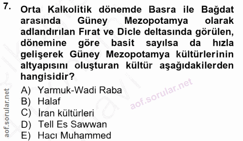 7. soru: Orta Kalkolitik dönemde Basra ile Bağdat arasında Güney Mezopotamya olarak adlandırılan Fırat ve Dicle deltasında gör…