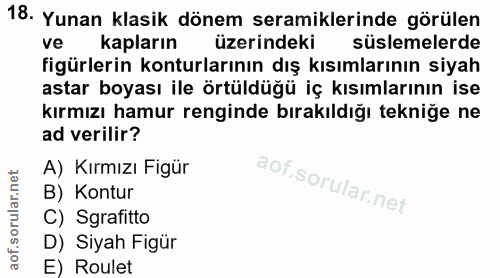 18. soru: Yunan klasik dönem seramiklerinde görülen ve kapların üzerindeki süslemelerde figürlerin konturlarının dış kısımların…