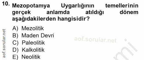 10. soru: Mezopotamya Uygarlığının temellerinin gerçek anlamda atıldığı dönem aşağıdakilerden hangisidir? A) Mezolitik orular.n…