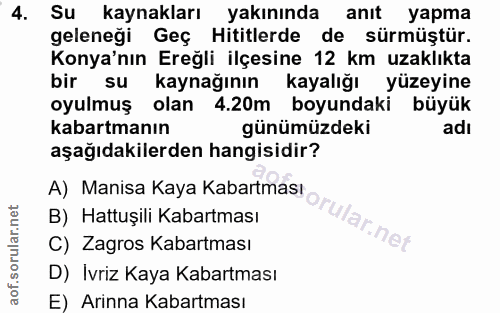 4. soru: Su kaynakları yakınında anıt yapma geleneği Geç Hititlerde de sürmüştür. Konya'nın Ereğli ilçesine 12 km uzaklıkta bi…