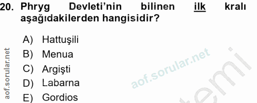 20. soru: Phryg Devleti'nin bilinen ilk krall aşağıdakilerden hangisidir? A) Hattuşili B) Menua C) Argiști D) Labarna E) Gordios