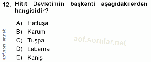 12. soru: Hitit Devleti'nin başkenti aşağıdakilerden hangisidir? A) Hattuşa B) Karum C) Tuşpa D) Labarna E) Kaniş