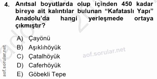 4. soru: Anıtsal boyutlarda olup içinden 450 kadar bireye ait kalıntılar bulunan "Kafataslı Yapı" Anadolu'da hangi yerleşmede…