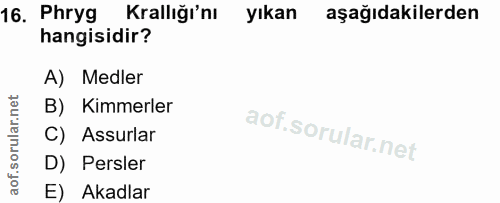 16. soru: Phryg Krallığı'nı yıkan aşağıdakilerden hangisidir? A) Medler B) Kimmerler C) Assurlar D) Persler E) Akadlar