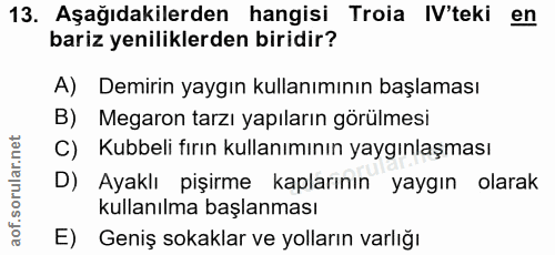 13. soru: Aşağıdakilerden hangisi Troia IV'teki en bariz yeniliklerden biridir? A) Demirin yaygın kullanımının başlaması B) Meg…