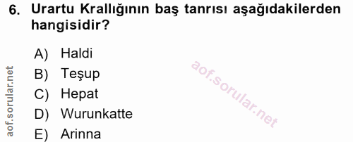 6. soru: Urartu Krallığının baş tanrısı aşağıdakilerden hangisidir? A) Haldi B) Teşup C) Hepat D) Wurunkatte E) Arinna