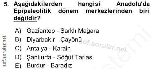 5. soru: Aşağıdakilerden hangisi Anadolu'da Epipaleolitik dönem merkezlerinden biri değildir? A) Gaziantep - Şarklı Mağara B)…
