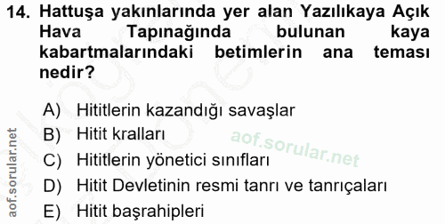 14. soru: Hattuşa yakınlarında yer alan Yazılıkaya Açık Hava Tapınağında bulunan kaya kabartmalarındaki betimlerin ana teması n…