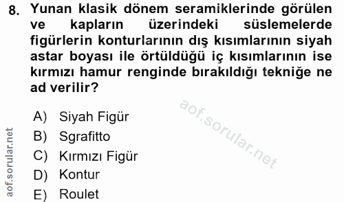8. soru: Yunan klasik dönem seramiklerinde görülen ve kapların üzerindeki süslemelerde figürlerin konturlarının dış kısımların…