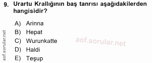 9. soru: Urartu Krallığının baş tanrısı aşağıdakilerden hangisidir? A) Arinna rular.net B) Hepat C) Wurunkatte D) Haldi aof. E…