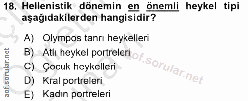 18. soru: Helenistik dönemin en önemli heykel tipi aşağıdakilerden hangisidir? A)Olympos tanrı heykelleri B)_Atlı heykel portre…