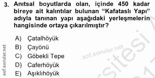 3. soru: Anıtsal boyutlarda olan, içinde 450 kadar bireye ait kalıntılar bulunan "Kafataslı Yapı" adıyla tanınan yapı aşağıdak…