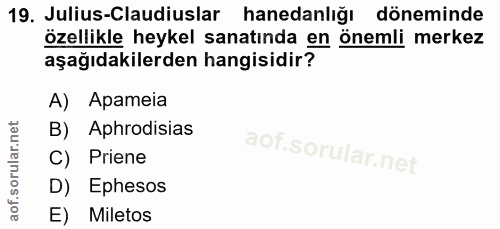 19. soru: Julius-Claudiuslar hanedanlığı döneminde özellikle heykel sanatında en önemli merkez aşağıdakilerden hangisidir? A) A…