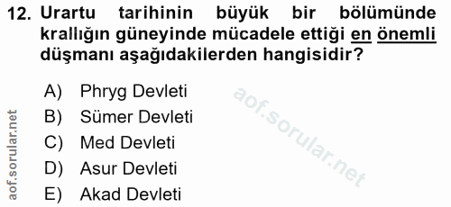 12. soru: Urartu tarihinin büyük bir bölümünde krallığın güneyinde mücadele ettiği en önemli düşmanı aşağıdakilerden hangisidir…