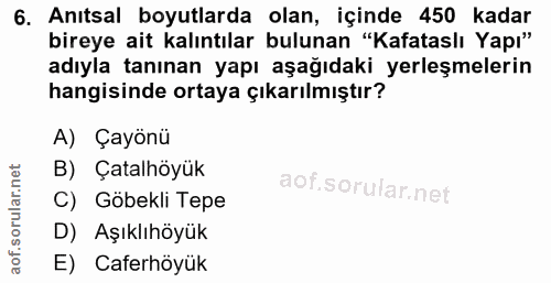 6. soru: Anıtsal boyutlarda olan, içinde 450 kadar bireye ait kalıntılar bulunan "Kafataslı Yapı" adıyla tanınan yapı aşağıdak…