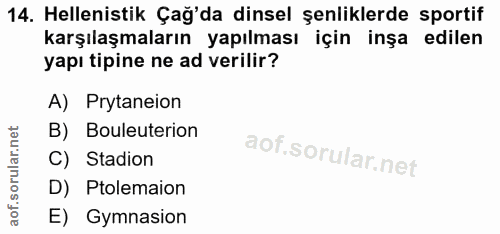 14. soru: Helenistik Çağ'da dinsel şenliklerde sportif karşılaşmaların yapılması için inşa edilen yapı tipine ne ad verilir? A)…