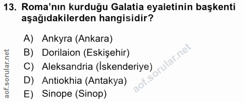 13. soru: Roma'nın kurduğu Galatia eyaletinin başkenti aşağıdakilerden hangisidir? A) Ankyra (Ankara) B) Dorilaion (Eskişehir)…