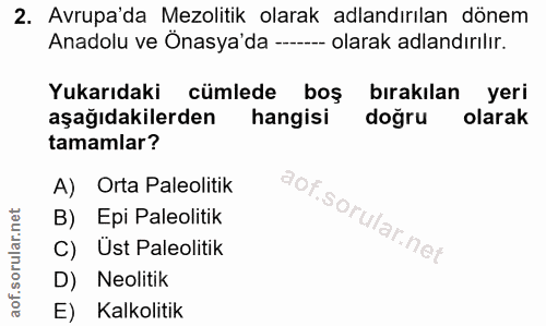 2. soru: Avrupa'da Mezolitik olarak adlandırılan dönem Anadolu ve Önasya'da ----- olarak adlandırılır. Yukarıdaki cümlede boş…