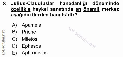 8. soru: Julius-Claudiuslar hanedanlığı döneminde özellikle heykel sanatında en önemli merkez aşağıdakilerden hangisidir? A) A…