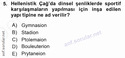 5. soru: Helenistik Çağ'da dinsel şenliklerde sportif karşılaşmaların yapılması için inşa edilen yapı tipine ne ad verilir? A)…