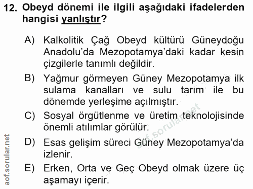 12. soru: Obeyd dönemi ile ilgili aşağıdaki ifadelerden hangisi yanlıştır? A) Kalkolitik Çağ Obeyd kültürü Güneydoğu Anadolu'da…