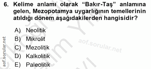 6. soru: Kelime anlamı olarak "Bakır-Taş" anlamına gelen, Mezopotamya uygarlığının temellerinin atıldığı dönem aşağıdakilerden…