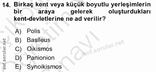 14. soru: Birkaç kent veya küçük boyutlu yerleşimlerin bir araya gelerek oluşturdukları kent-devletlerine ne ad verilir? A) Pol…