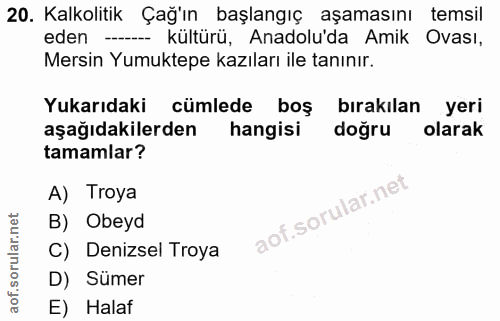 20. soru: Kalkolitik Çağ'ın başlangıç aşamasını temsil eden ---- kültürü, Anadolu'da Amik Ovası, Mersin Yumuktepe kazıları ile…