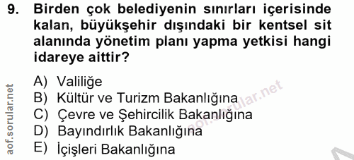 9. soru: Birden çok belediyenin sınırları içerisinde kalan, büyükşehir dışındaki bir kentsel sit alanında yönetim planı yapma…