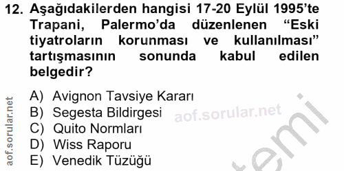12. soru: Aşağıdakilerden hangisi 17-20 Eylül 1995'te Trapani, Palermo'da düzenlenen "Eski tiyatroların korunması ve l kullanıl…