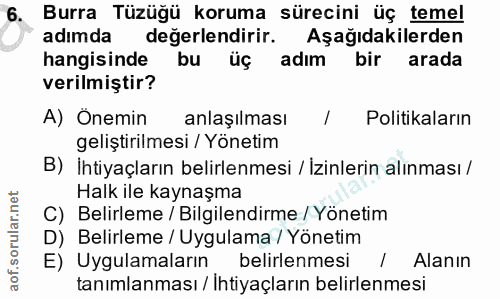 6. soru: Burra Tüzüğü koruma sürecini üç temel adımda değerlendirir. Aşağıdakilerden hangisinde bu üç adım bir arada verilmişt…