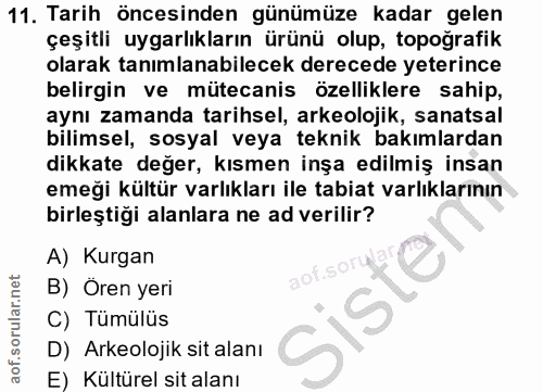11. soru: Tarih öncesinden günümüze kadar gelen çeşitli uygarlıkların ürünü olup, topoğrafik olarak tanımlanabilecek derecede y…