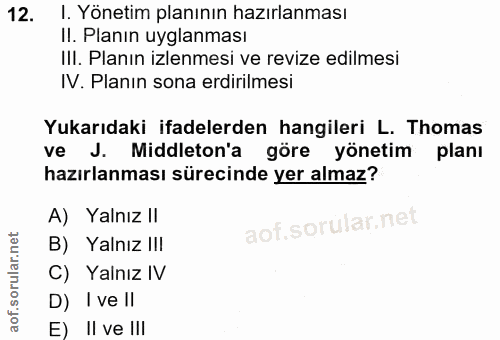 12. soru: I. Yönetim planının hazırlanması Il. Planın uyglanması III. Planın izlenmesi ve revize edilmesi IV. Planın sona erdir…