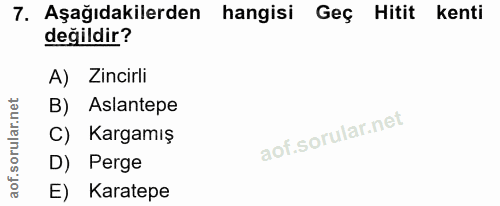 7. soru: Aşağıdakilerden hangisi Geç Hitit kenti değildir? A) Zincirli B) Aslantepe C) Kargamış D) Perge E) Karatepe